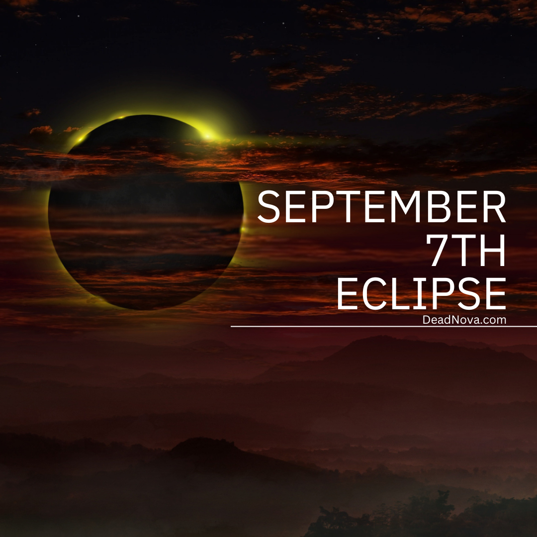 Illustration of the September 7, 2025 Blood Moon eclipse glowing red above a starry night sky with mystical crystals.