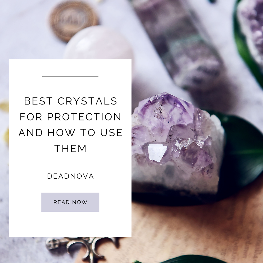 Amethyst cluster glowing purple on a wooden surface, symbolizing peace, clarity, intuition, and spiritual protection.