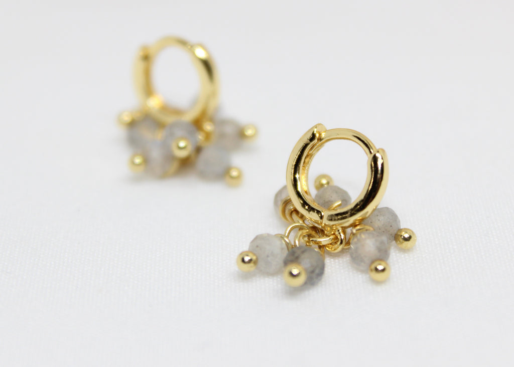Non-tarnish hammered gold earrings with dangling labradorite beads, elegant studs for protection and intuition.