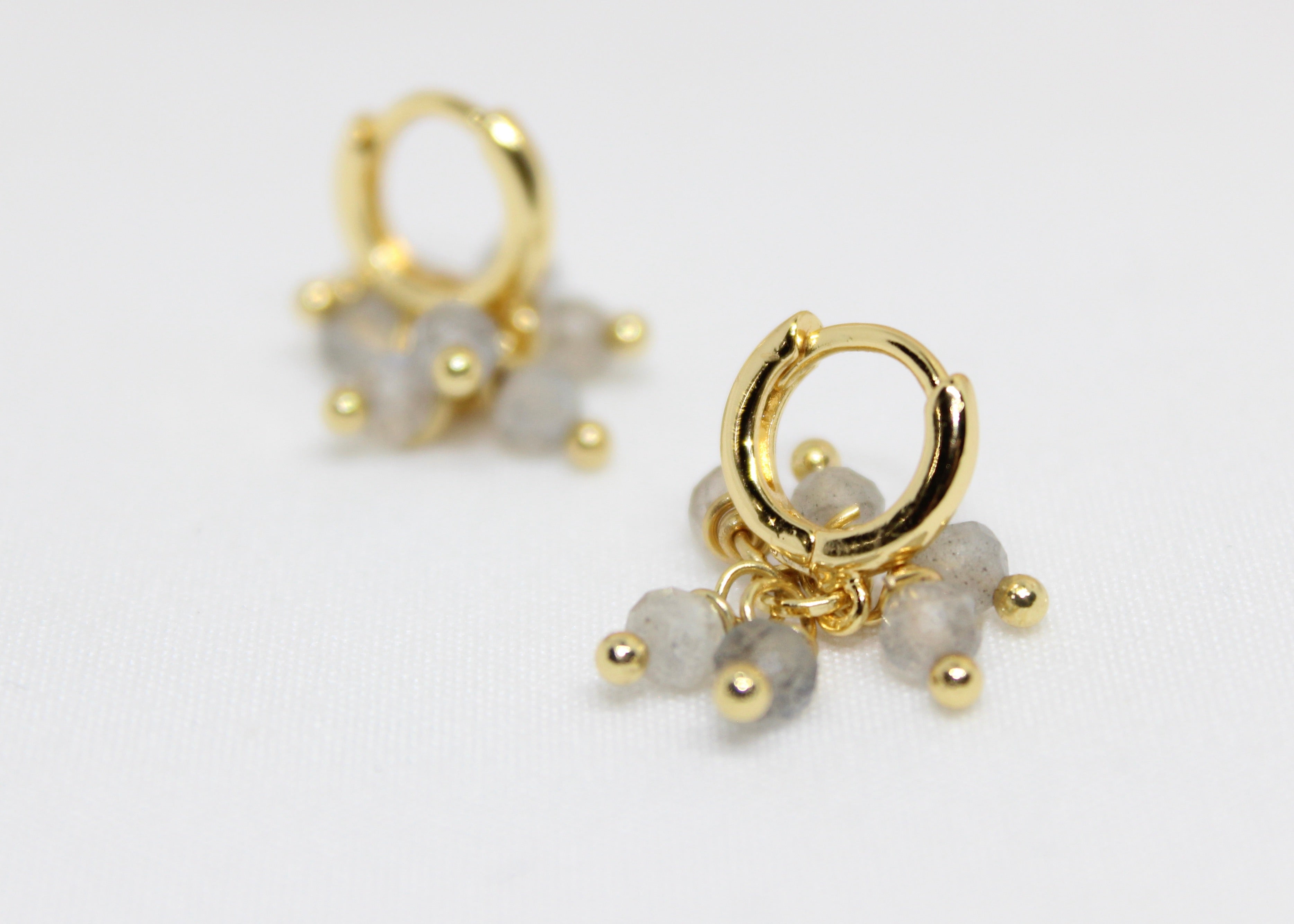 Non-tarnish hammered gold earrings with dangling labradorite beads, elegant studs for protection and intuition.