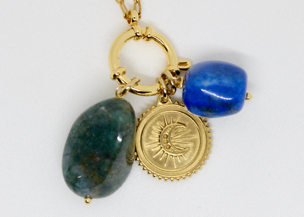 Lapis Lazuli and Indian Agate Necklace with Gold Moon Charm – Intuition & Balance
