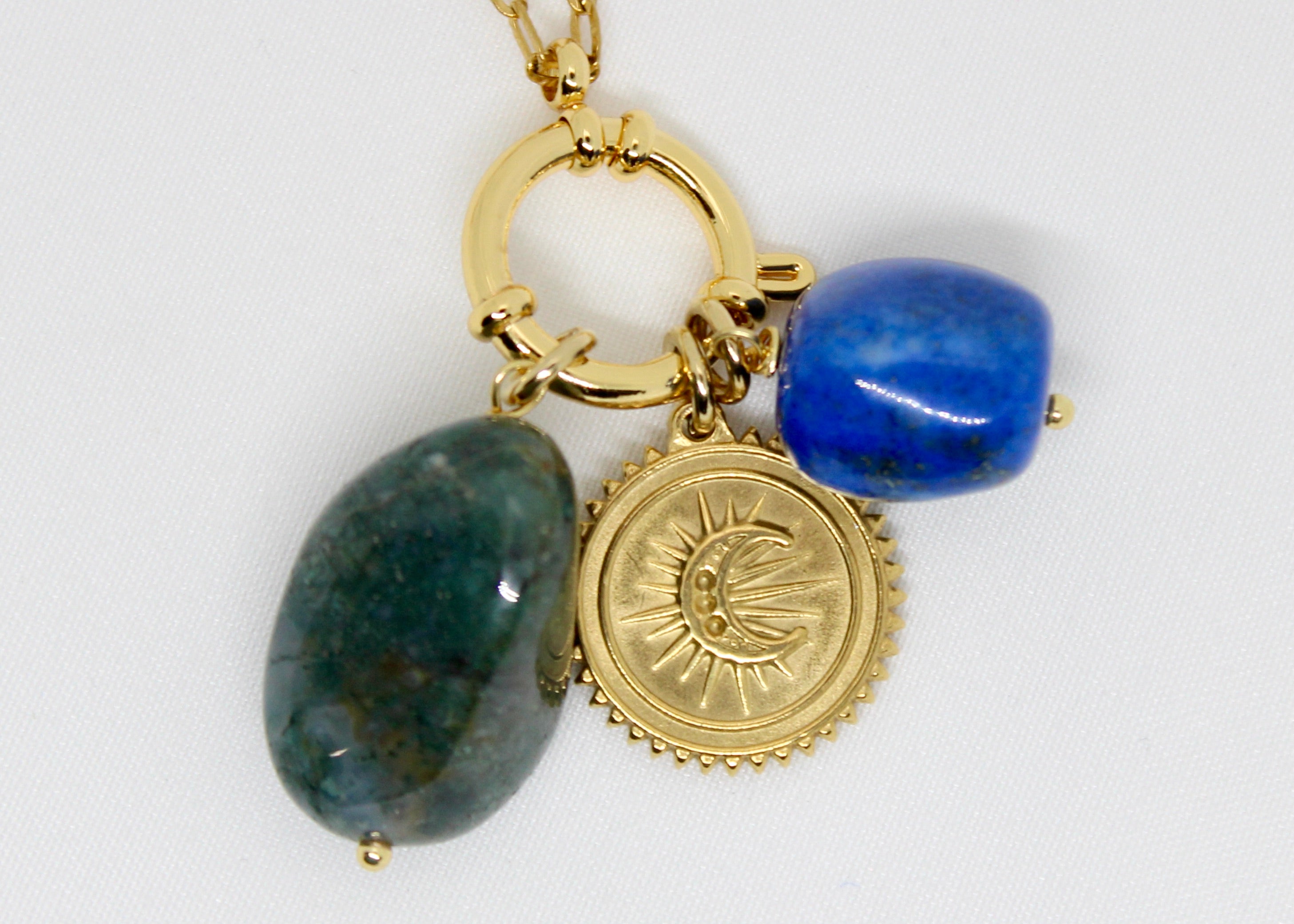 Lapis Lazuli and Indian Agate Necklace with Gold Moon Charm – Intuition & Balance
