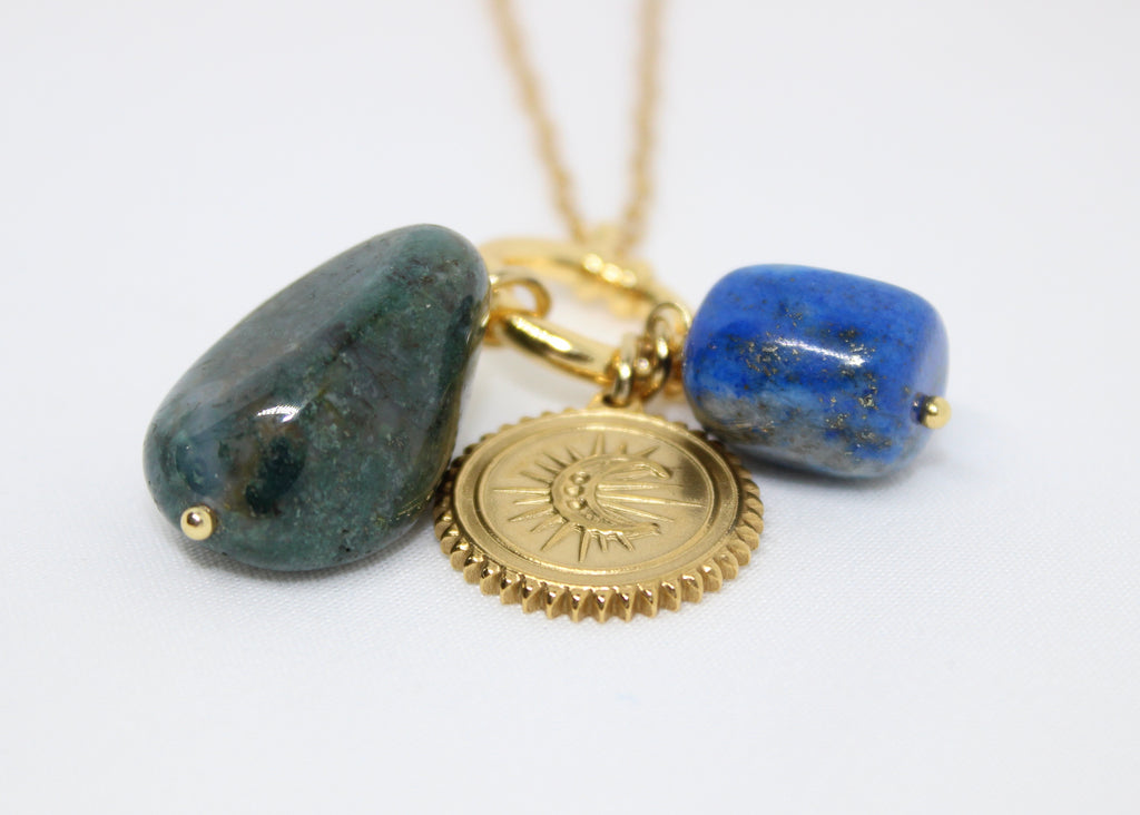 Lapis Lazuli and Indian Agate Necklace with Gold Moon Charm – Intuition & Balance