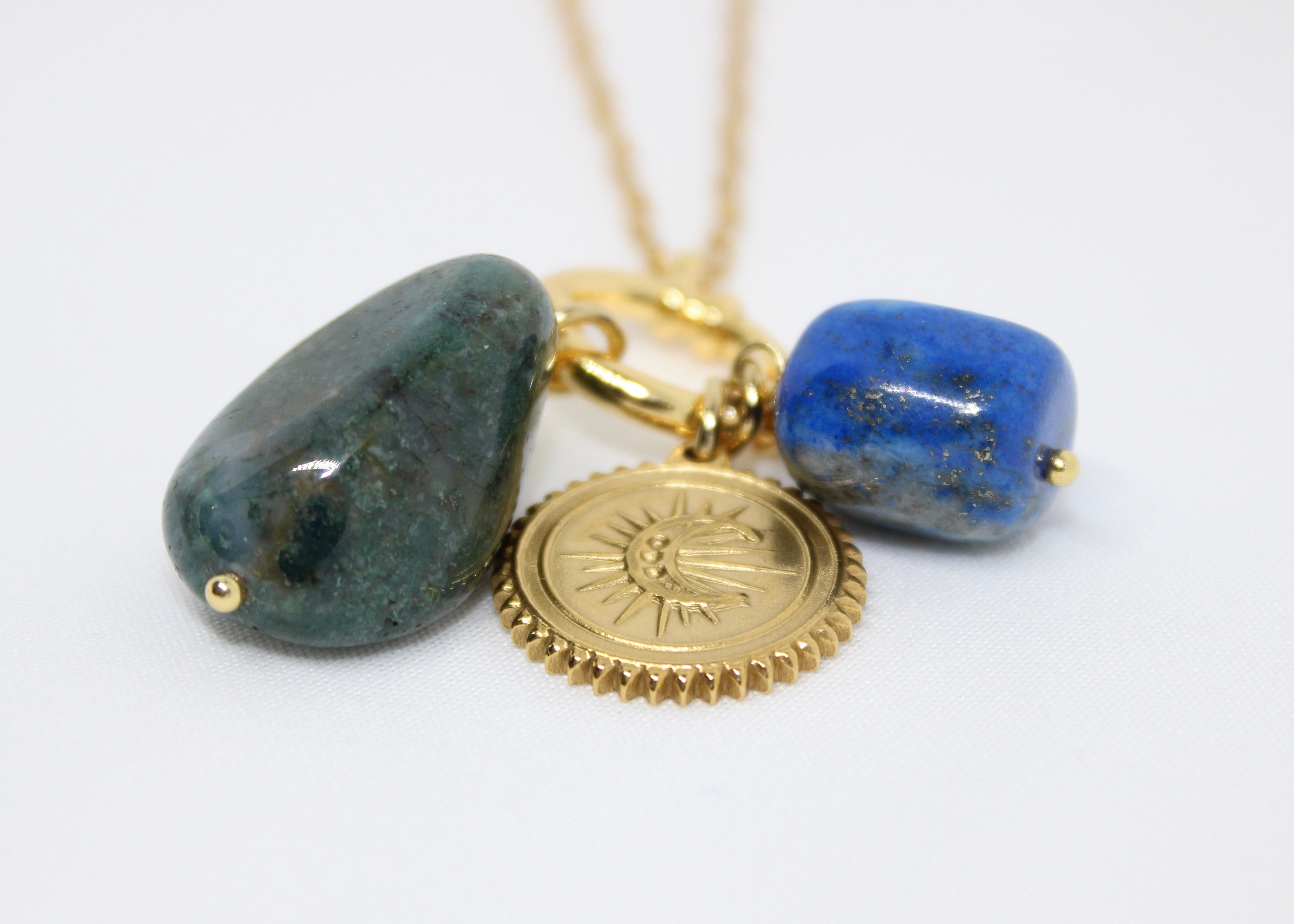 Lapis Lazuli and Indian Agate Necklace with Gold Moon Charm – Intuition & Balance