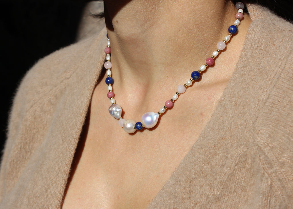 Pearls Crystal Necklace - Rhodonite, Lapis Lazuli, Rose Quartz