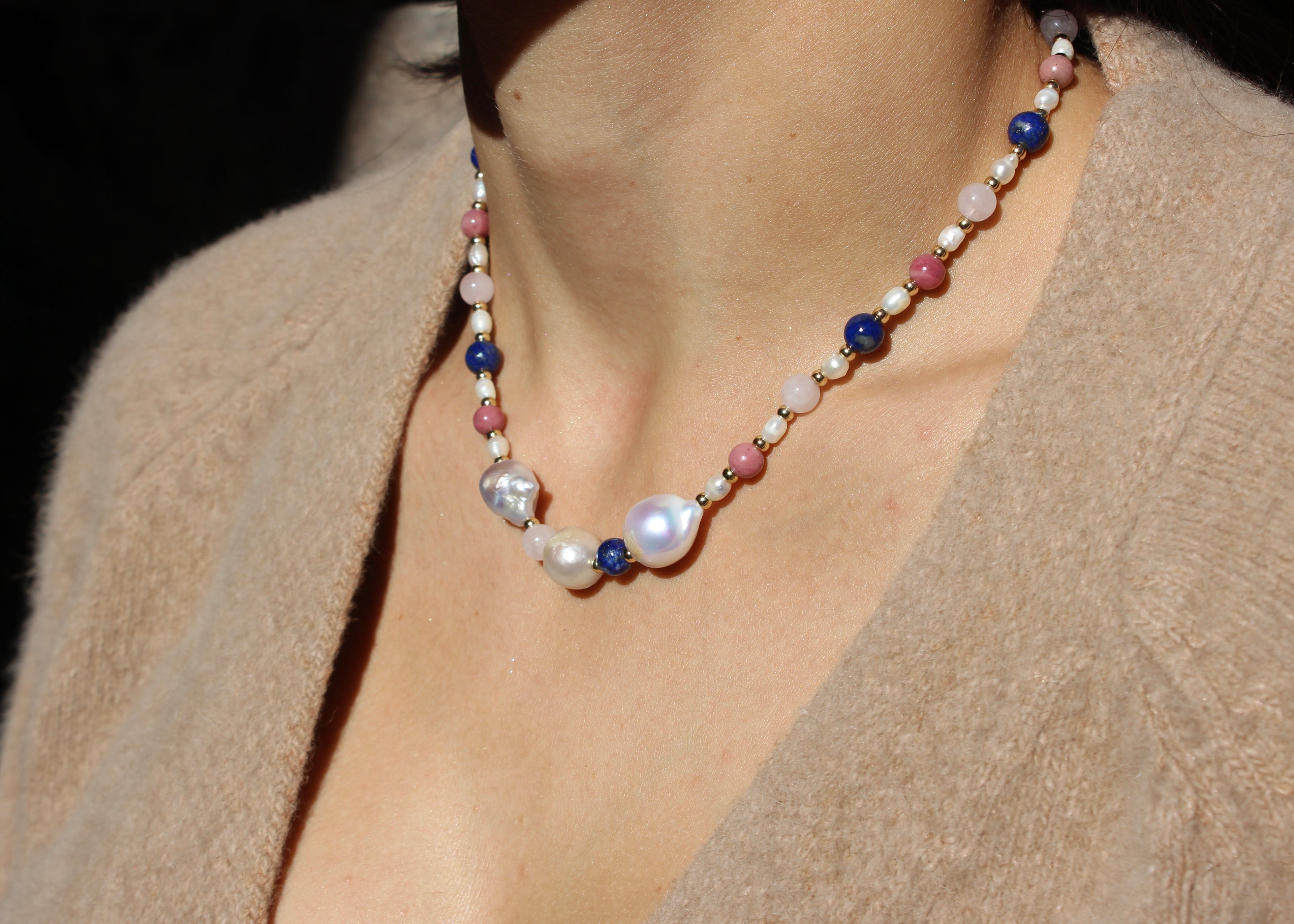 Pearls Crystal Necklace - Rhodonite, Lapis Lazuli, Rose Quartz