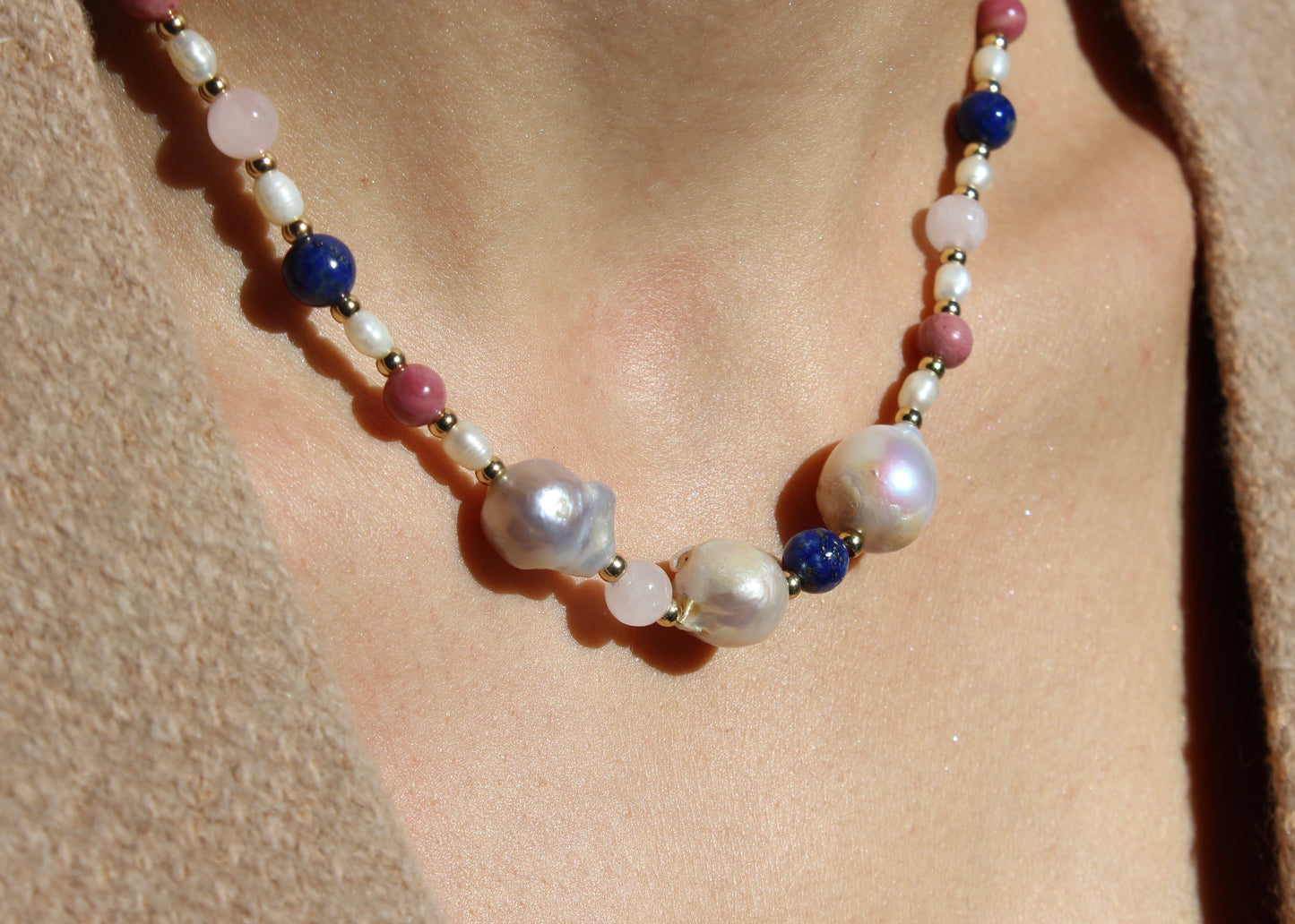 Pearls Crystal Necklace - Rhodonite, Lapis Lazuli, Rose Quartz