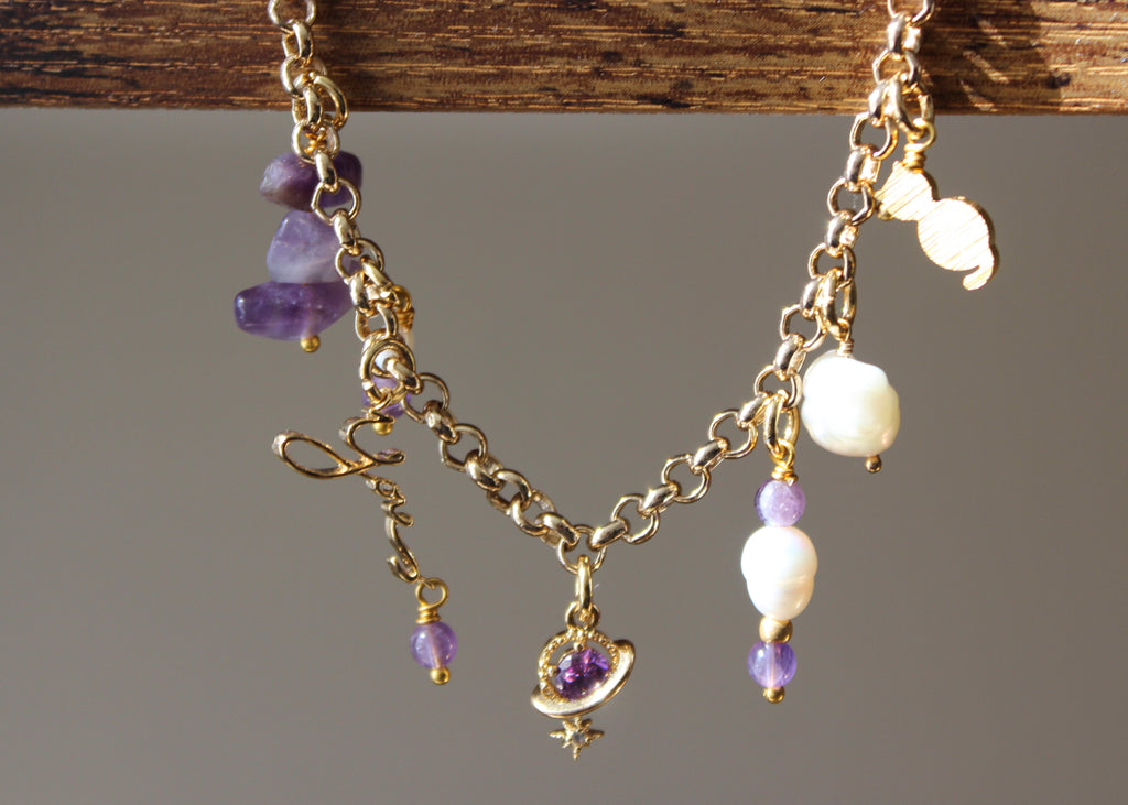 gold-filled chain necklace, pearls, amethyst, "you" charm, gold cat charm, planet charm, BTS K-pop
