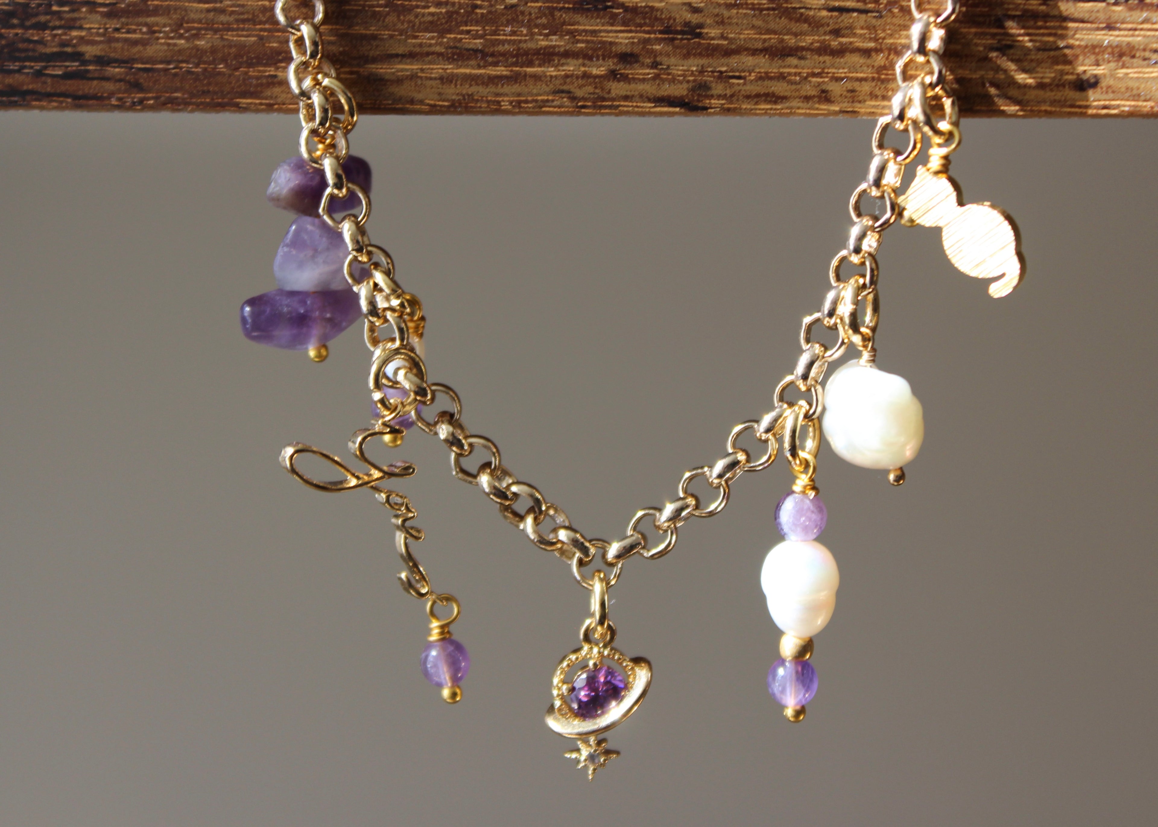 gold-filled chain necklace, pearls, amethyst, "you" charm, gold cat charm, planet charm, BTS K-pop