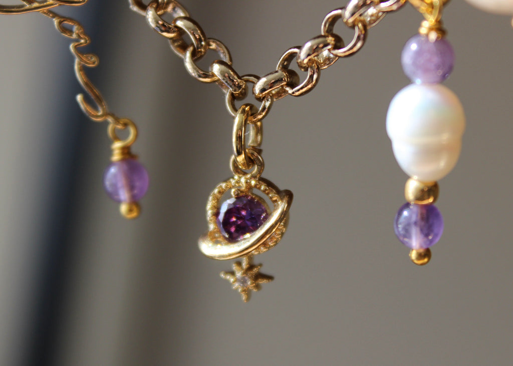 gold-filled chain necklace, pearls, amethyst, "you" charm, gold cat charm, planet charm, BTS K-pop