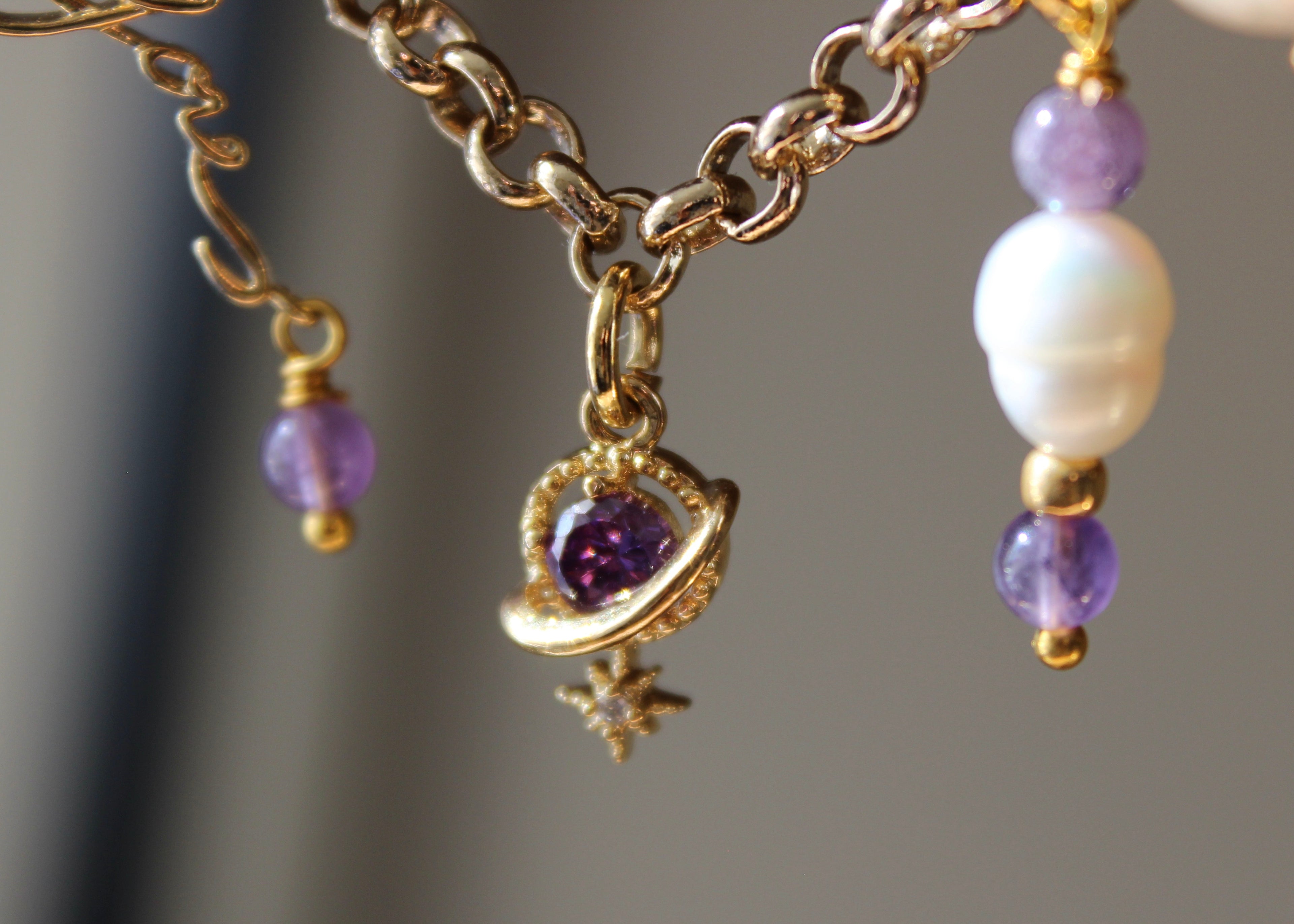 gold-filled chain necklace, pearls, amethyst, "you" charm, gold cat charm, planet charm, BTS K-pop