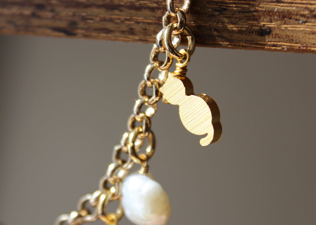 gold-filled chain necklace, pearls, amethyst, "you" charm, gold cat charm, planet charm, BTS K-pop