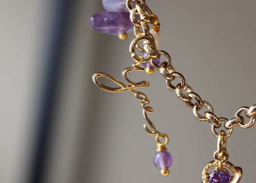 gold-filled chain necklace, pearls, amethyst, "you" charm, gold cat charm, planet charm, BTS K-pop