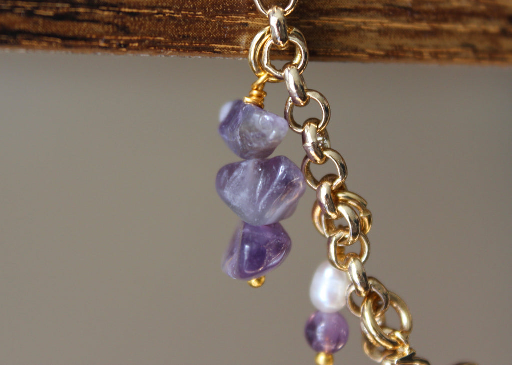 gold-filled chain necklace, pearls, amethyst, "you" charm, gold cat charm, planet charm, BTS K-pop