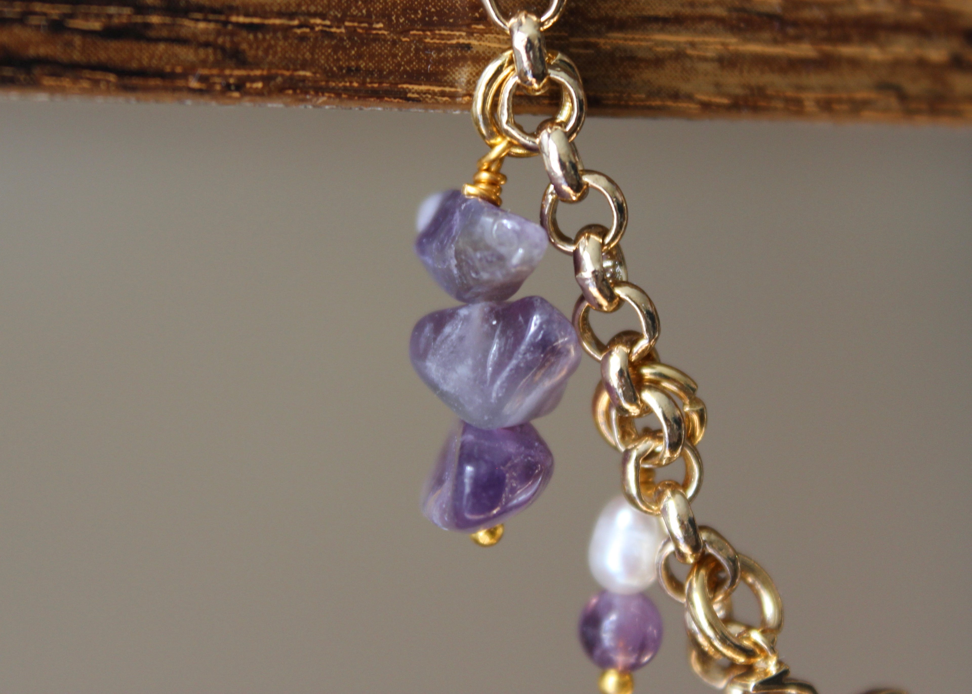 gold-filled chain necklace, pearls, amethyst, "you" charm, gold cat charm, planet charm, BTS K-pop