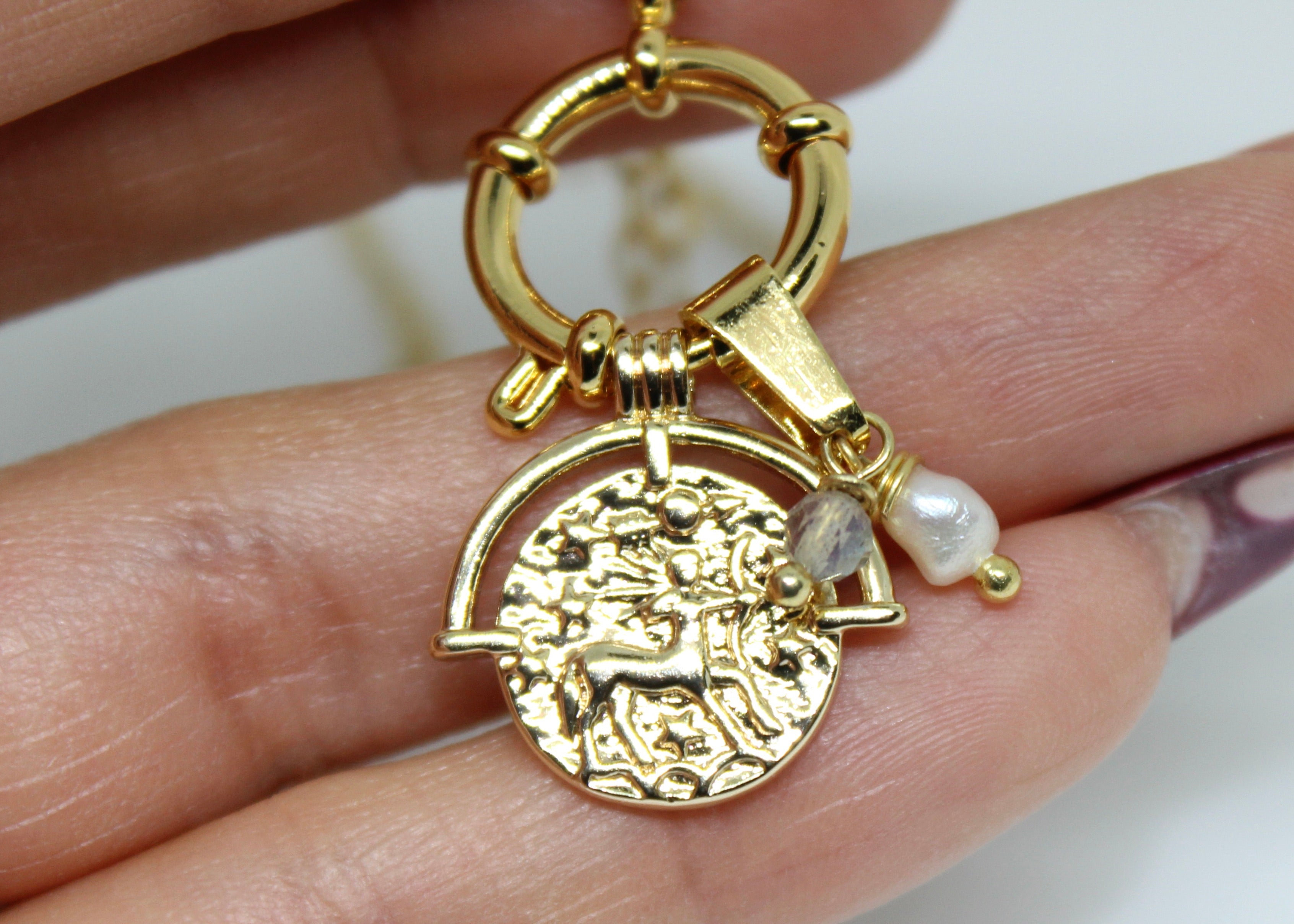 Zodiac Gold Coin Necklace with Pearl &amp; Crystal Charms Celestial Protection