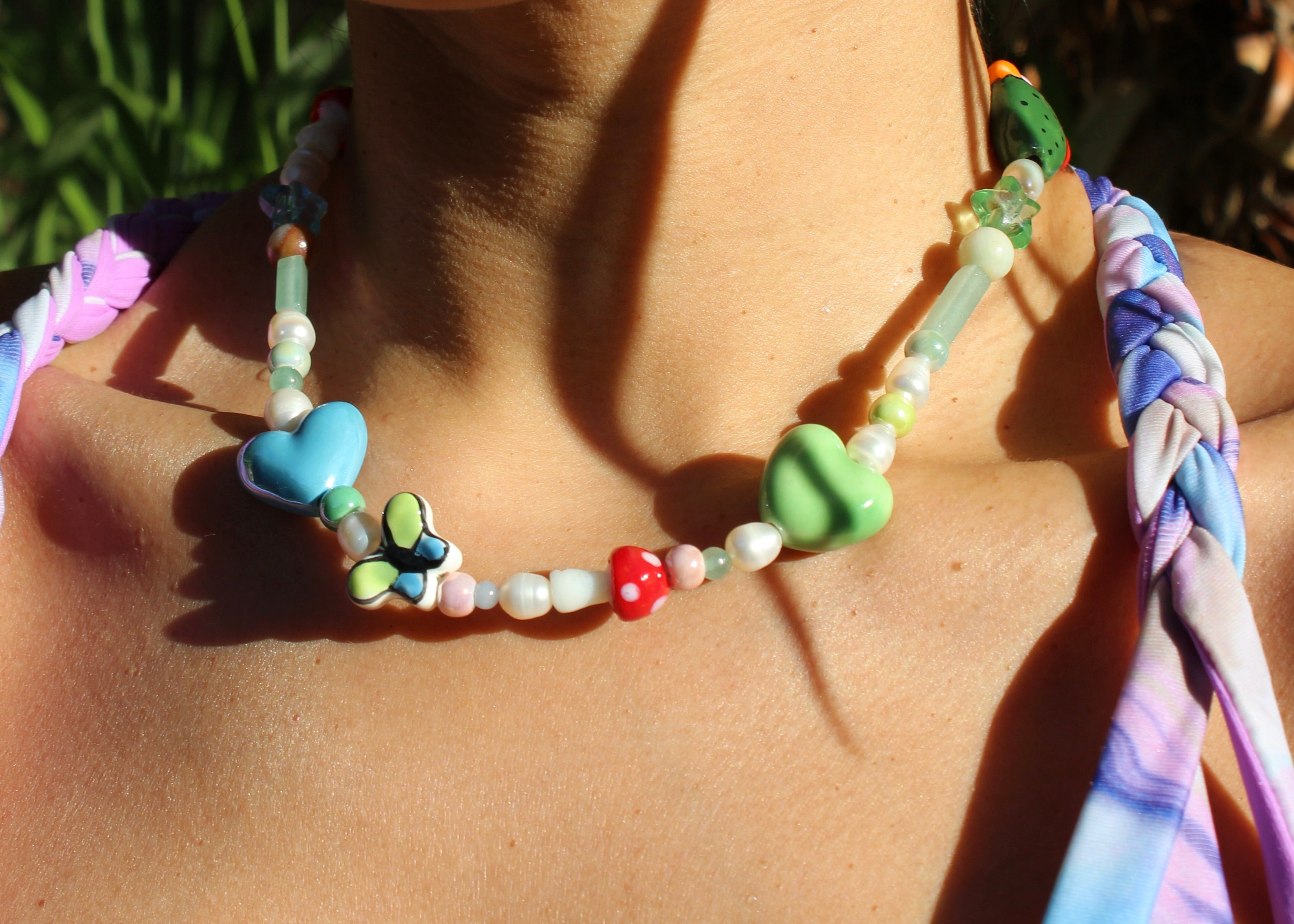 crystal necklace, ceramic beads, natural crystal beads, freshwater pearls, green moss agate, peridot, amazonite, green aventurine, angelite