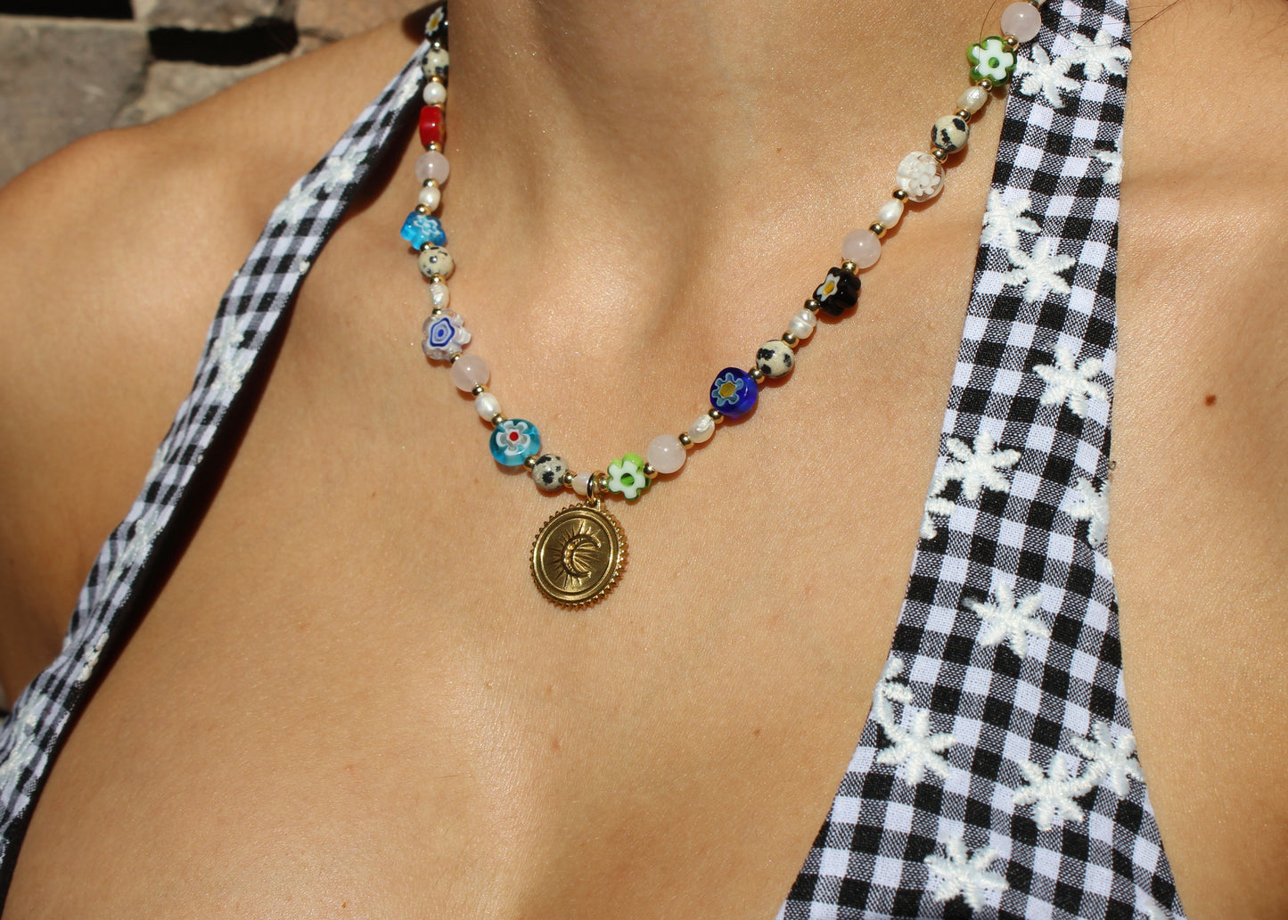 Sun moon Charm, gold jewelry, crystal jewelry, crystal necklace, flower charms