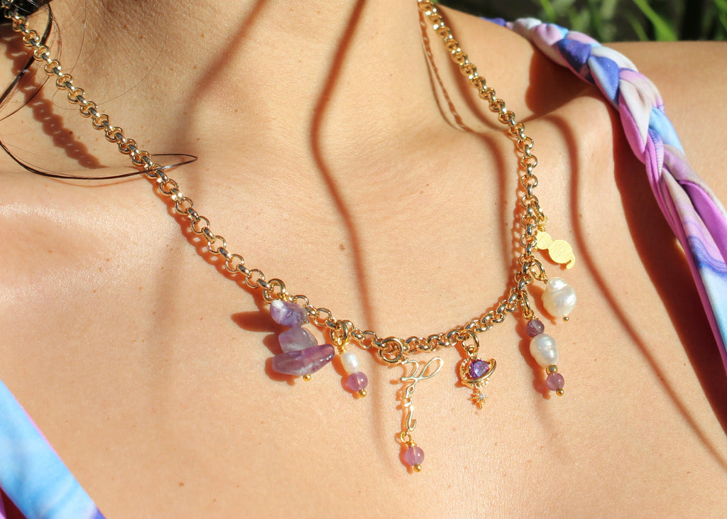 gold-filled chain necklace, pearls, amethyst, "you" charm, gold cat charm, planet charm, BTS K-pop