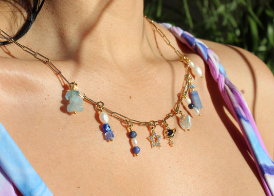 ethereal necklace, gold filled chain, natural freshwater pearls, sodalite beads, lapis lazuli beads, blue aventurine beads, blue planet charm, star charm, stackable necklace, summer vacation