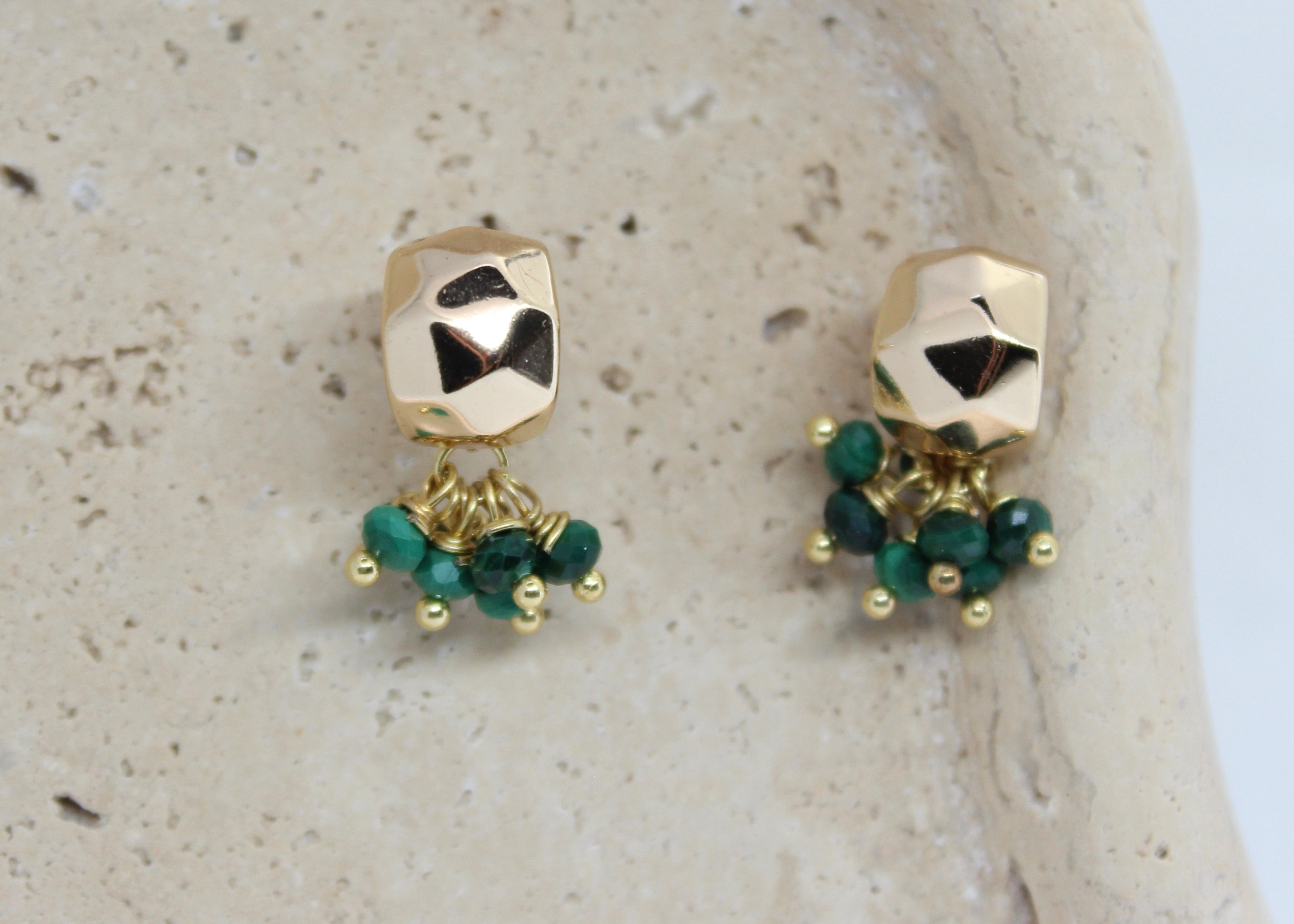 Non-tarnish hammered gold stud earrings with dangling faceted malachite beads, elegant statement studs.

