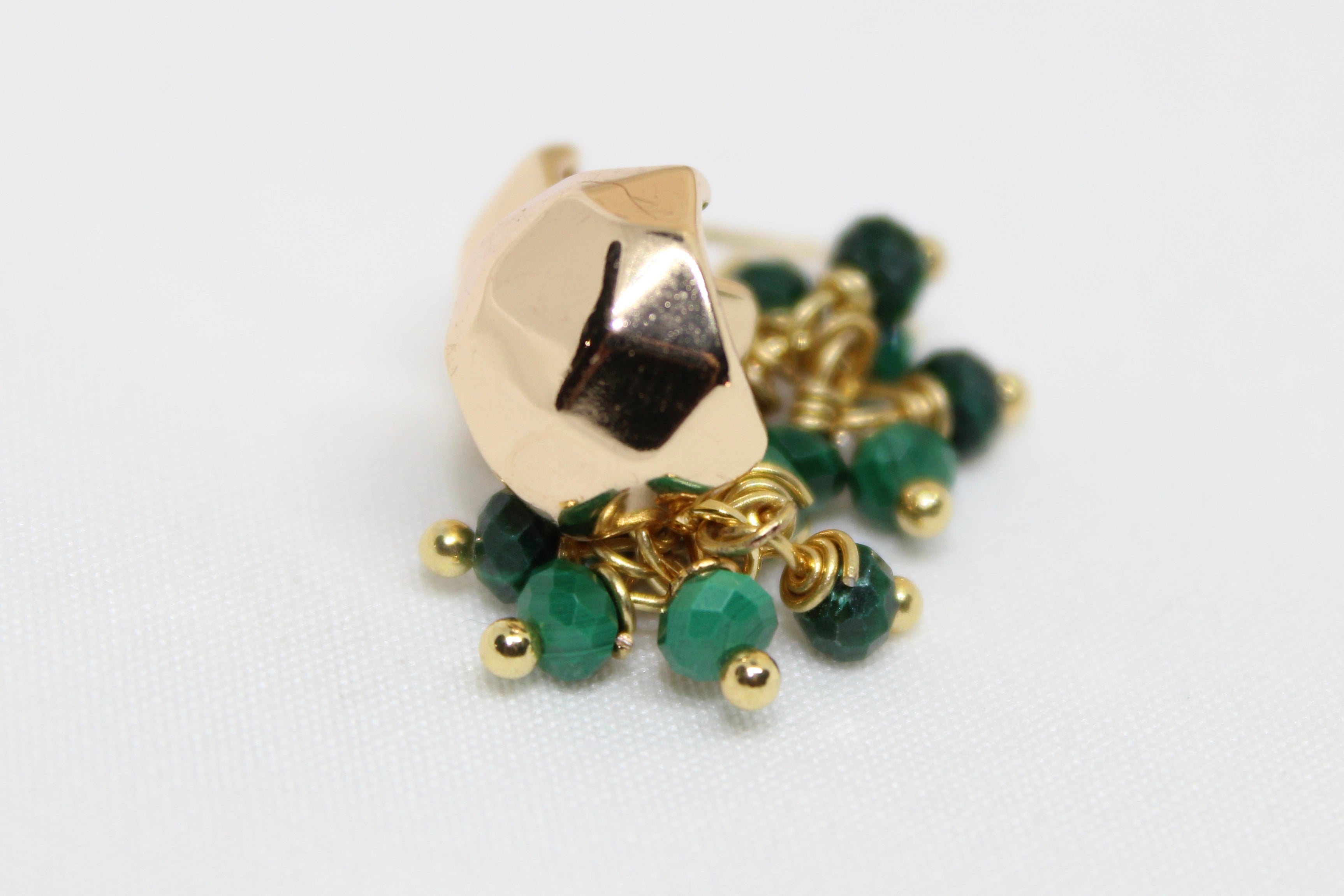 Non-tarnish hammered gold stud earrings with dangling faceted malachite beads, elegant statement studs.