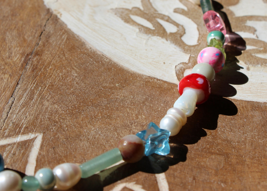 crystal necklace, ceramic beads, natural crystal beads, freshwater pearls, green moss agate, peridot, amazonite, green aventurine, angelite