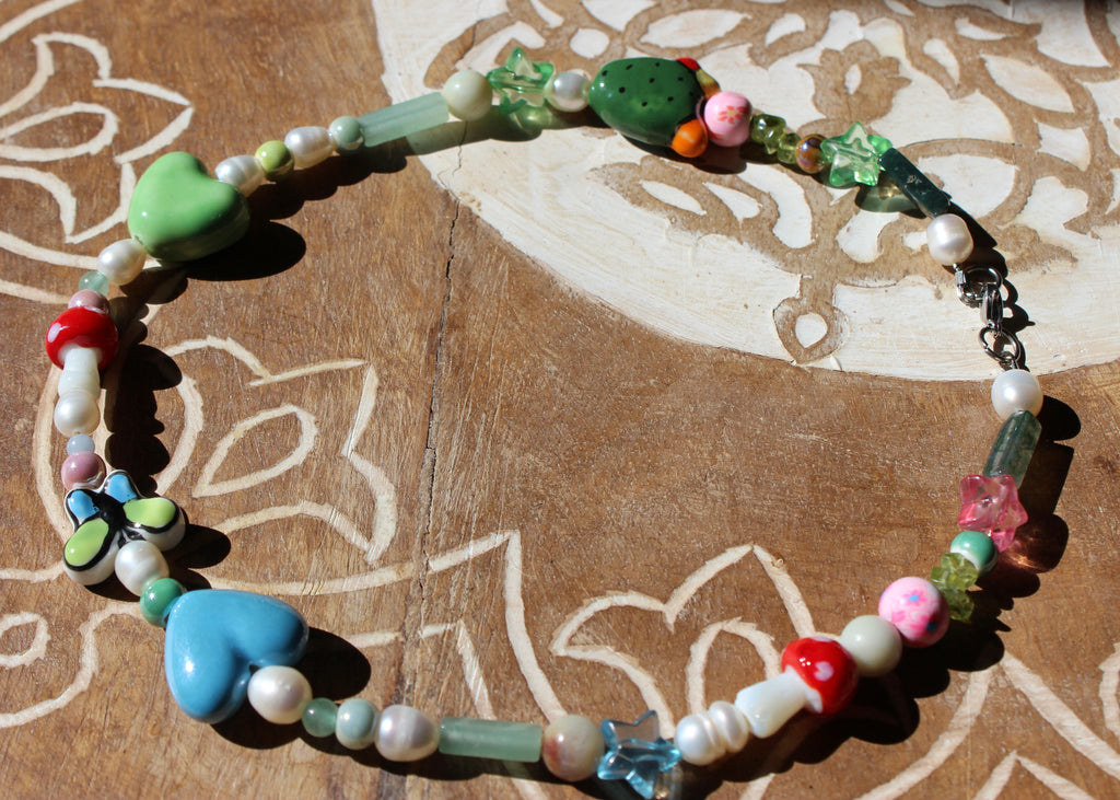 crystal necklace, ceramic beads, natural crystal beads, freshwater pearls, green moss agate, peridot, amazonite, green aventurine, angelite