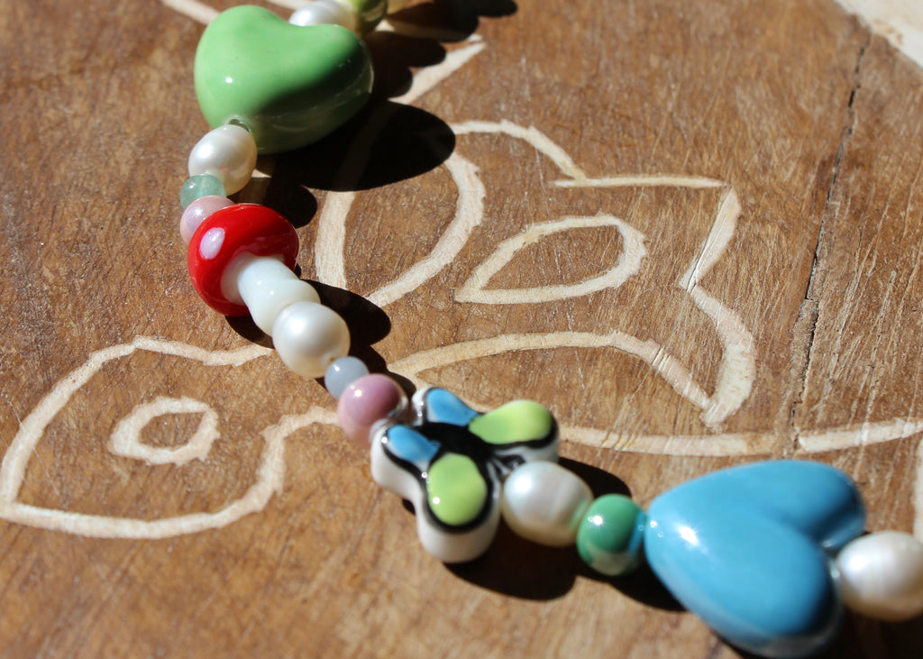 crystal necklace, ceramic beads, natural crystal beads, freshwater pearls, green moss agate, peridot, amazonite, green aventurine, angelite