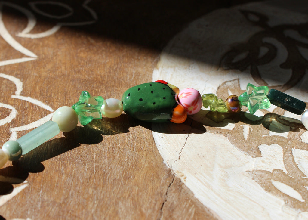crystal necklace, ceramic beads, natural crystal beads, freshwater pearls, green moss agate, peridot, amazonite, green aventurine, angelite