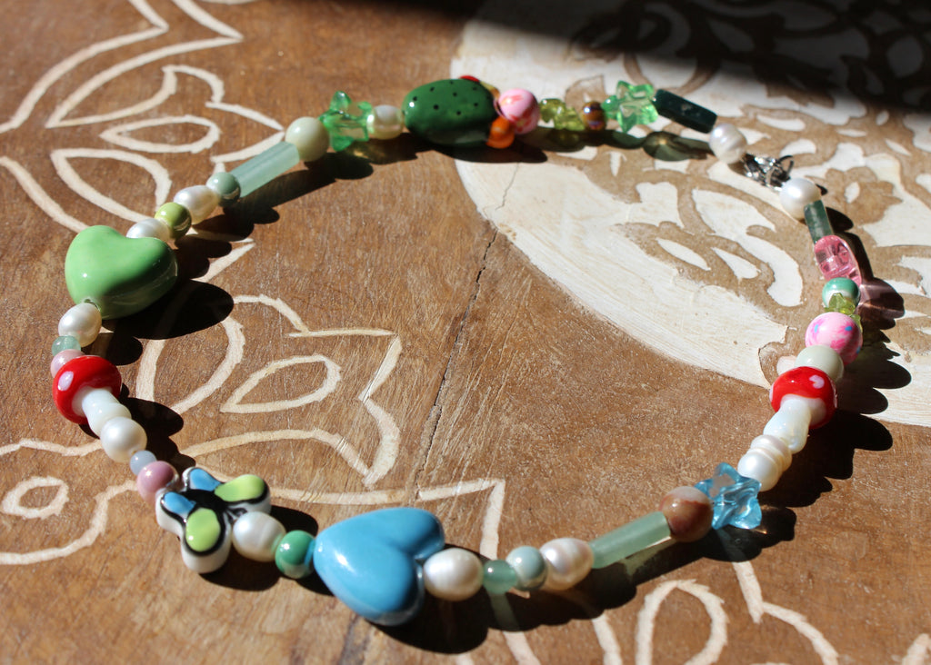 crystal necklace, ceramic beads, natural crystal beads, freshwater pearls, green moss agate, peridot, amazonite, green aventurine, angelite