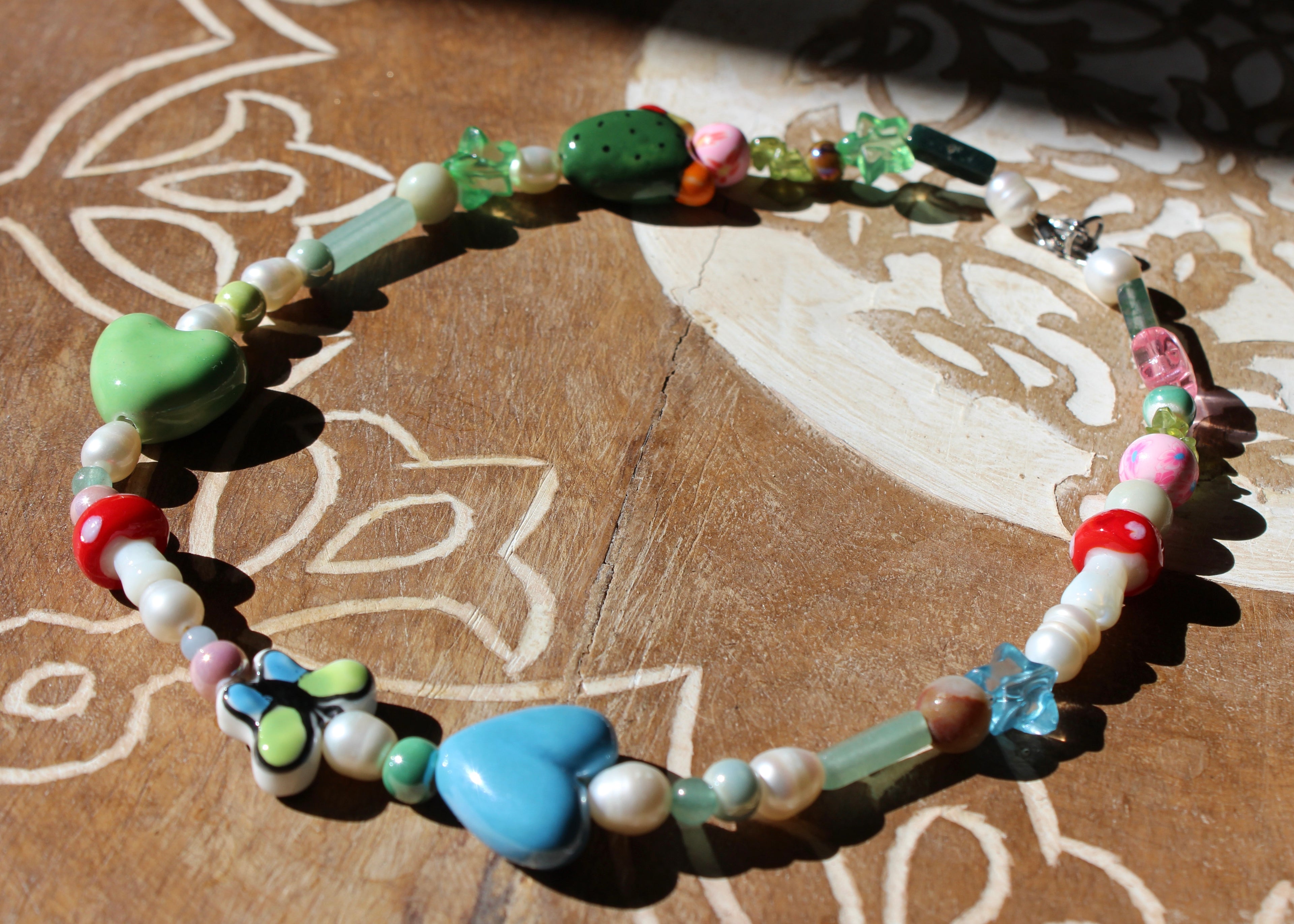 crystal necklace, ceramic beads, natural crystal beads, freshwater pearls, green moss agate, peridot, amazonite, green aventurine, angelite