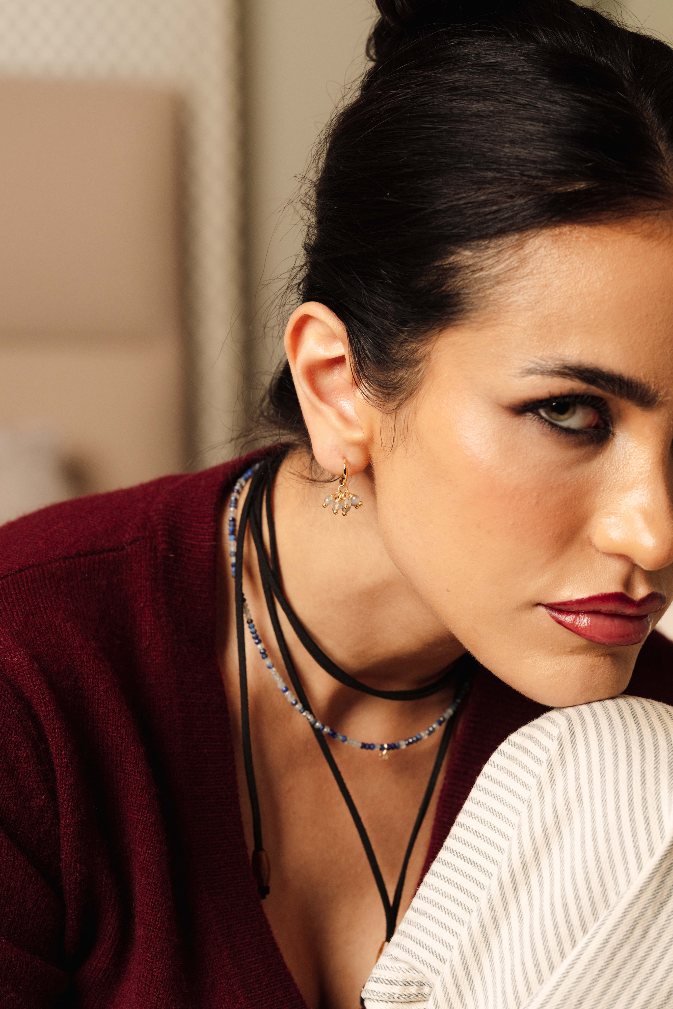 Non-tarnish gold small hoop earrings with dangling labradorite beads, elegant studs for protection and intuition.