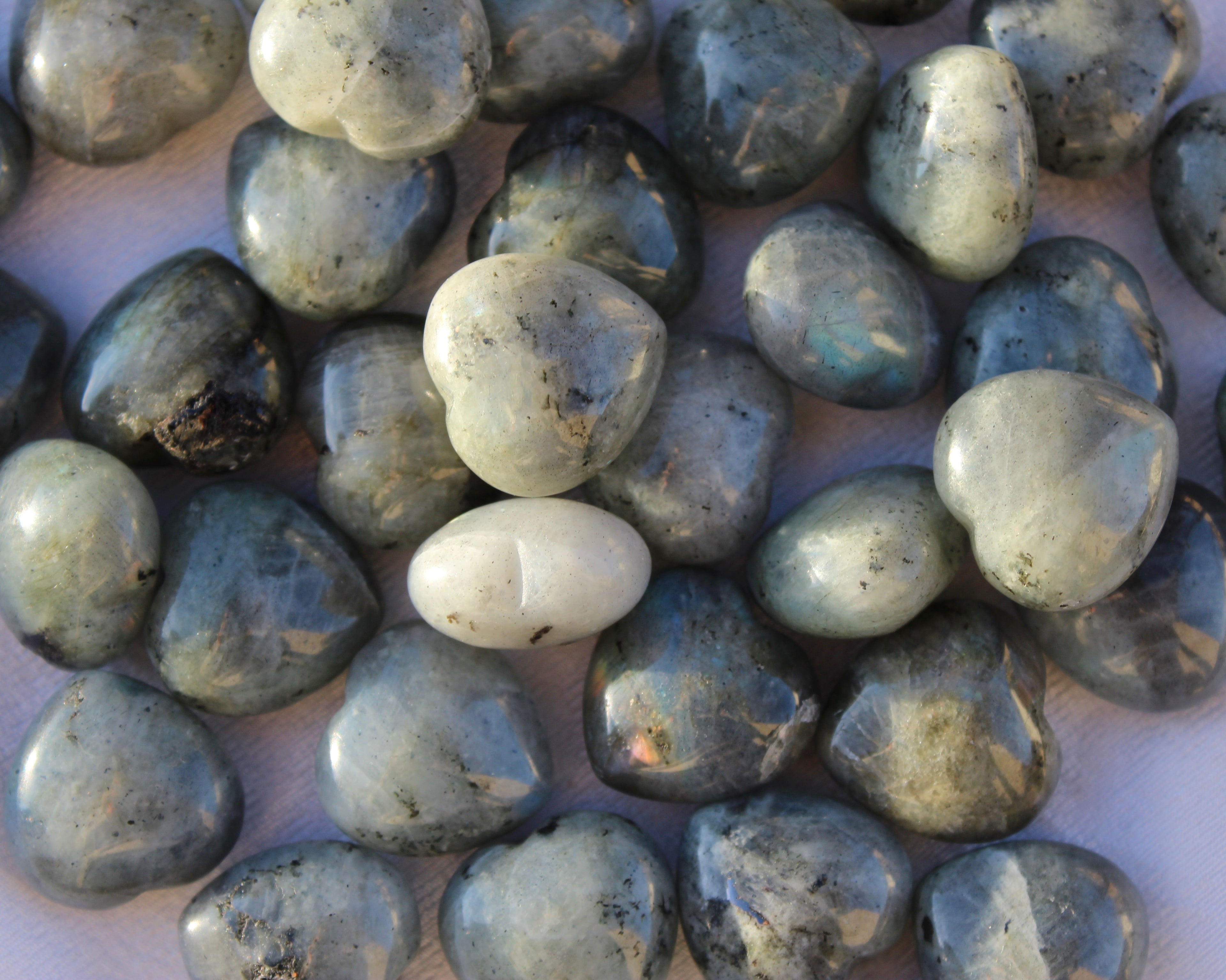 crystal hearts, labradorite hearts, tumbled hearts