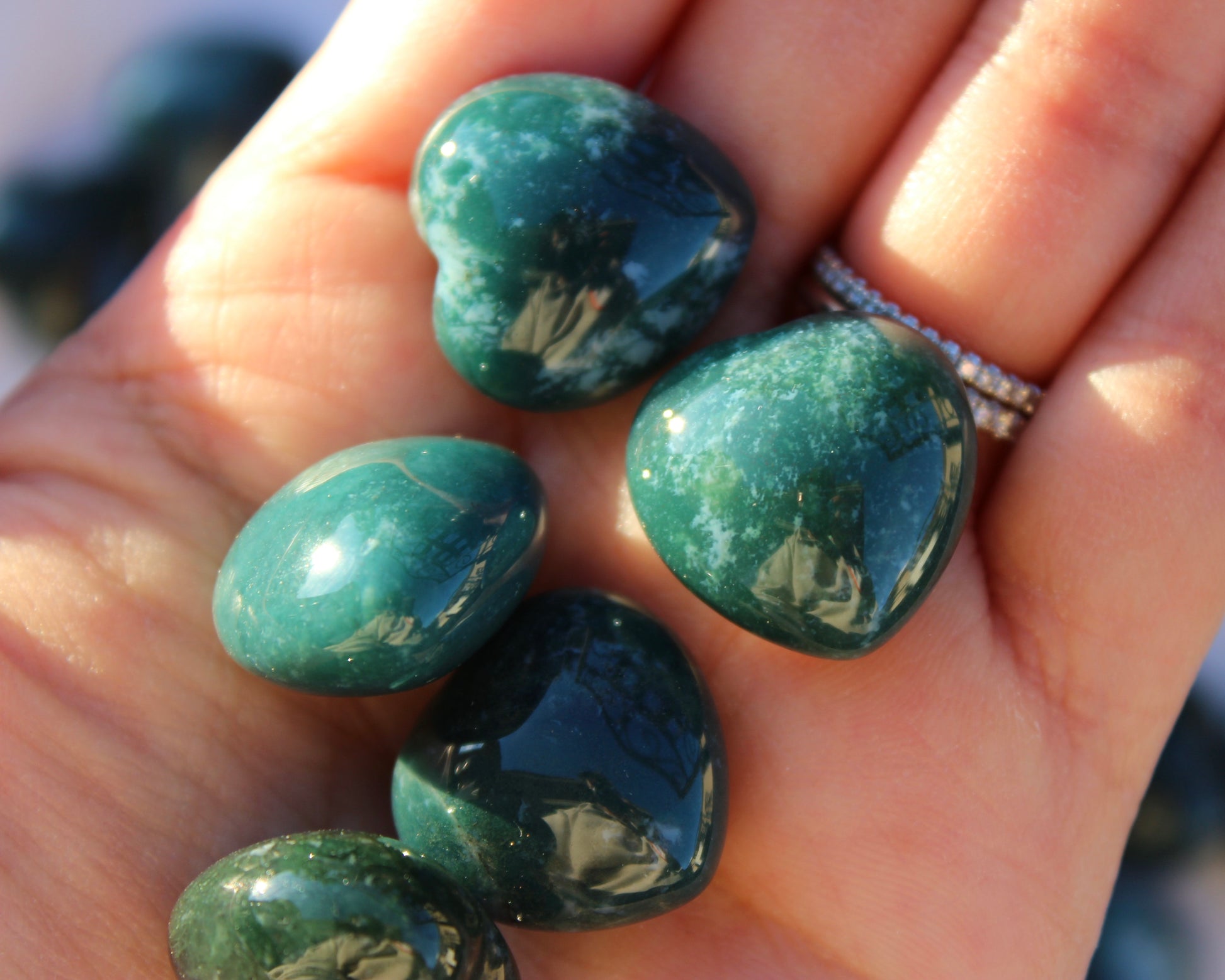moss agate hearts, heart crystals, tumbled moss agate
