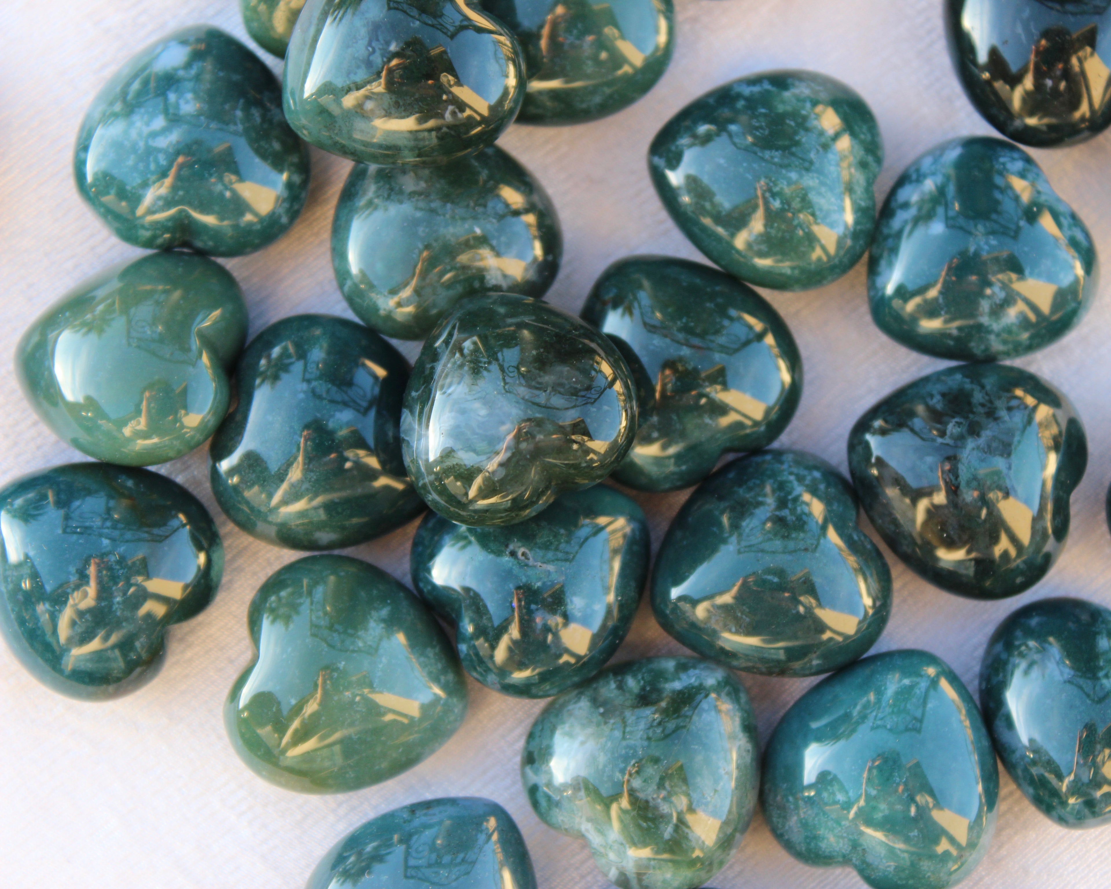 moss agate hearts, heart crystals, tumbled moss agate