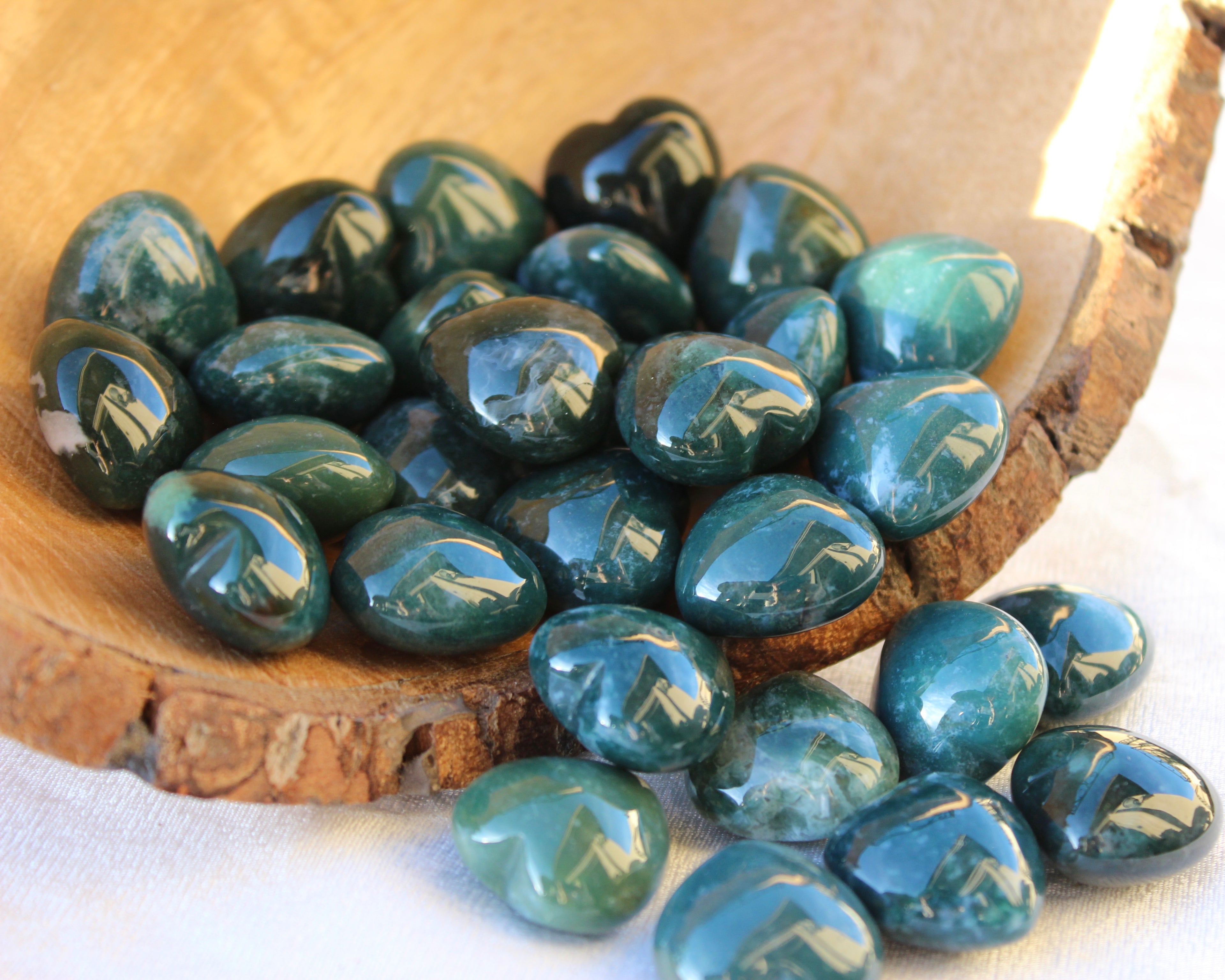 moss agate hearts, heart crystals, tumbled moss agate