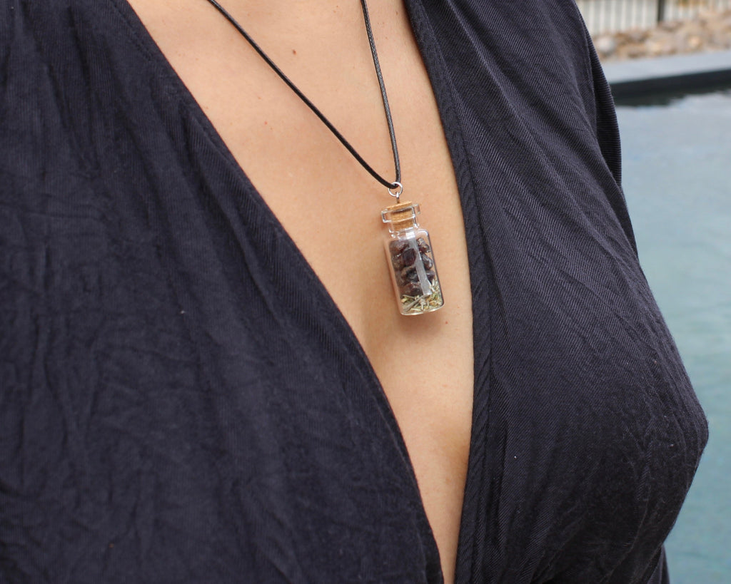 Jar Necklace 6 Crystal Options (amethyst, black tourmaline, gold tigers eye, pyrite, crystal quartz, garnet necklace)
