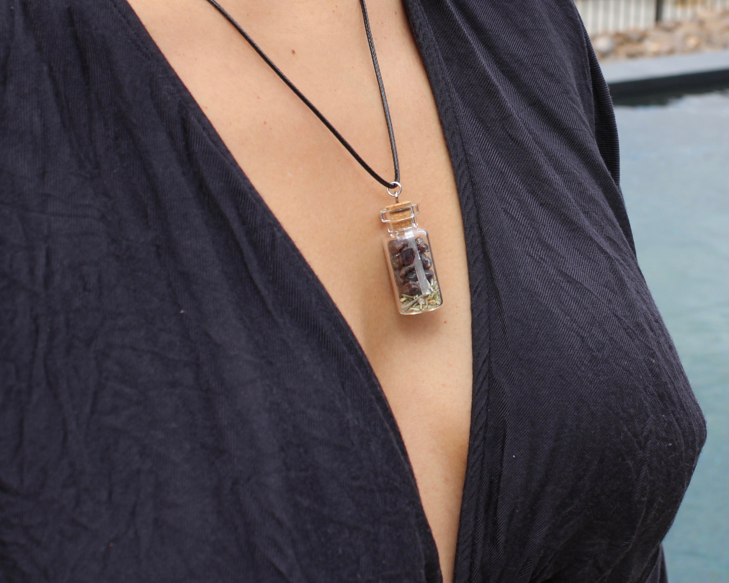 Jar Necklace 6 Crystal Options (amethyst, black tourmaline, gold tigers eye, pyrite, crystal quartz, garnet necklace)