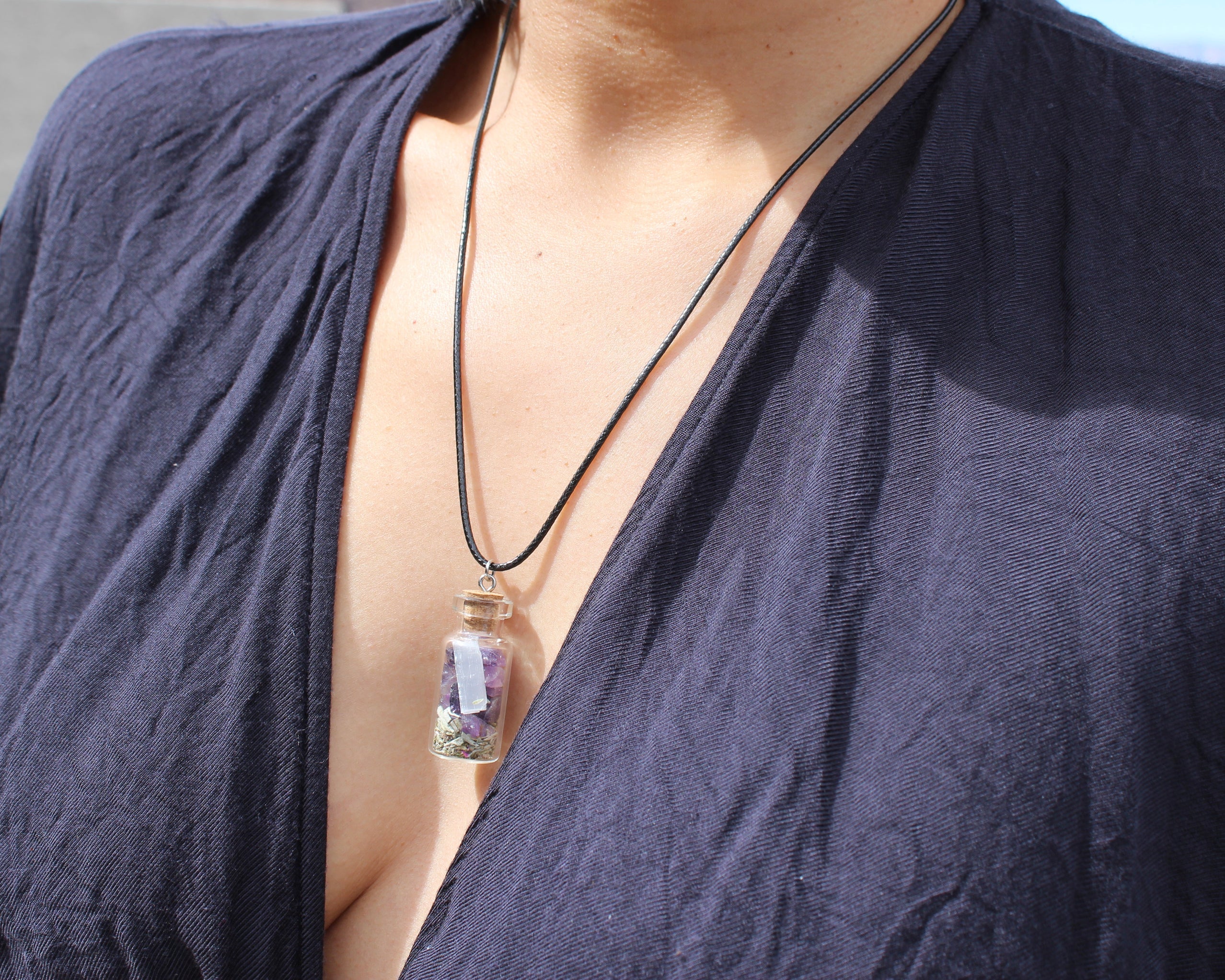 Jar Necklace 6 Crystal Options (amethyst, black tourmaline, gold tigers eye, pyrite, crystal quartz, garnet necklace)