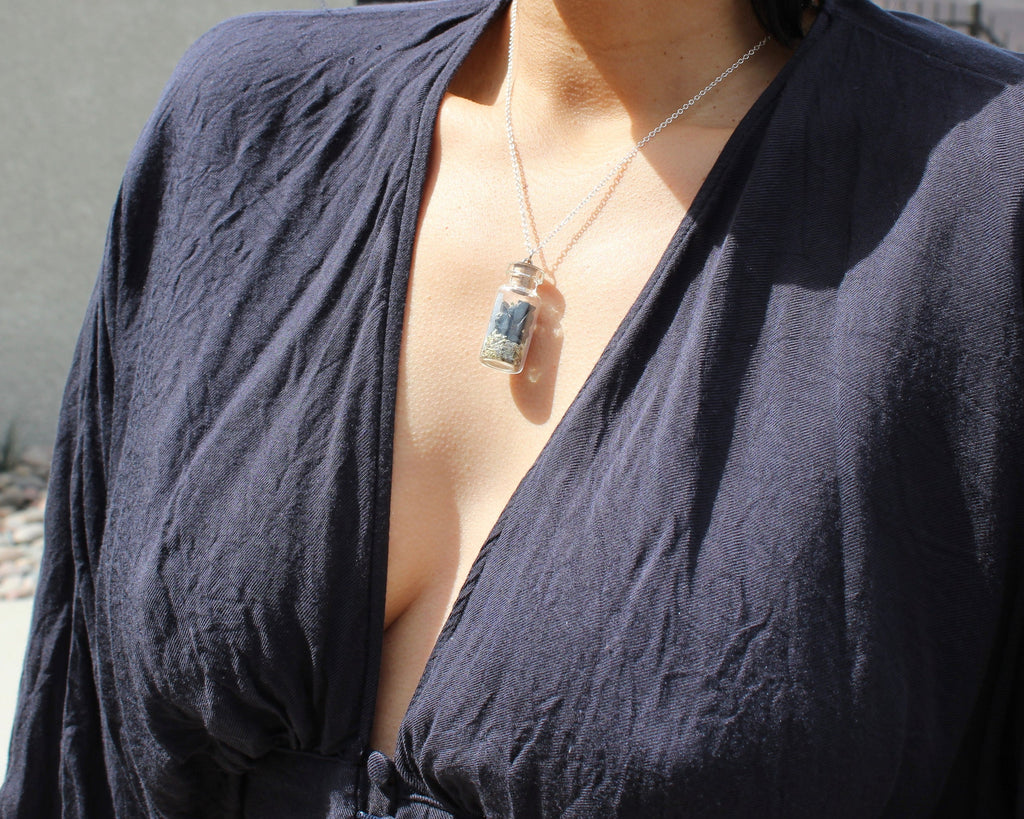 Jar Necklace 6 Crystal Options (amethyst, black tourmaline, gold tigers eye, pyrite, crystal quartz, garnet necklace)