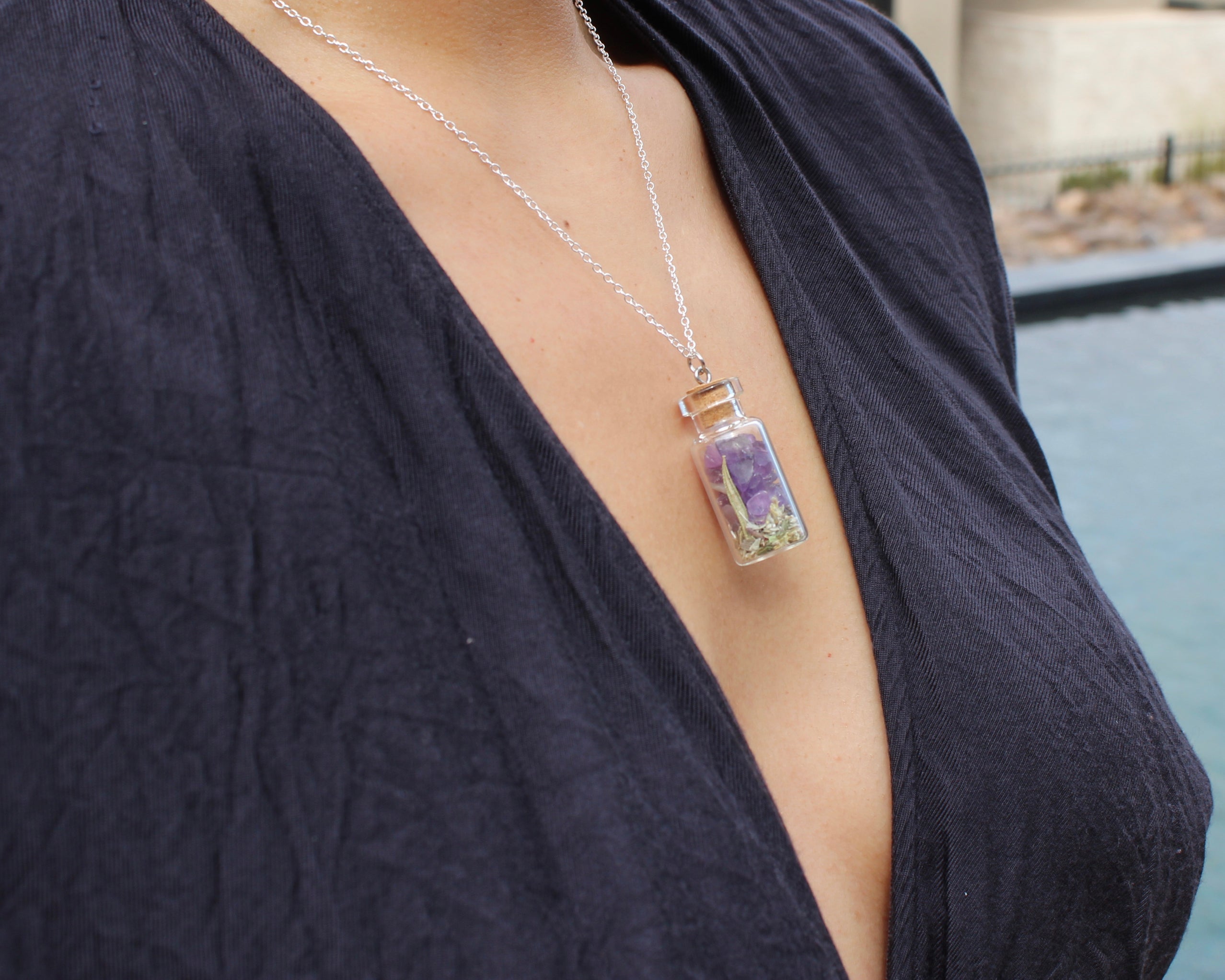 Jar Necklace 6 Crystal Options (amethyst, black tourmaline, gold tigers eye, pyrite, crystal quartz, garnet necklace)