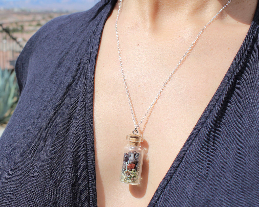 Jar Necklace 6 Crystal Options (amethyst, black tourmaline, gold tigers eye, pyrite, crystal quartz, garnet necklace)